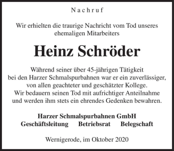 Traueranzeige von Heinz Schröder  von Magdeburger Volksstimme