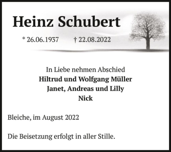 Traueranzeige von Heinz Schubert  von Magdeburger Volksstimme