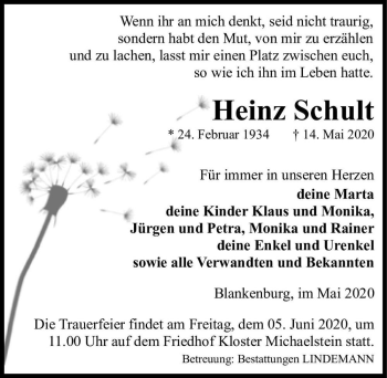 Traueranzeige von Heinz Schult  von Magdeburger Volksstimme