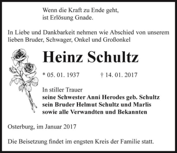 Traueranzeige von Heinz Schultz  von Magdeburger Volksstimme