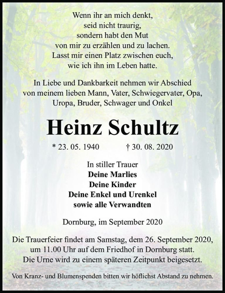  Traueranzeige für Heinz Schultz  vom 12.09.2020 aus Magdeburger Volksstimme