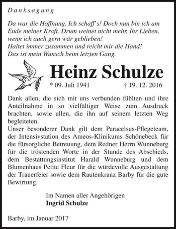 Traueranzeige von Heinz Schulze  von Magdeburger Volksstimme