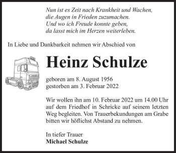 Traueranzeige von Heinz Schulze  von Magdeburger Volksstimme