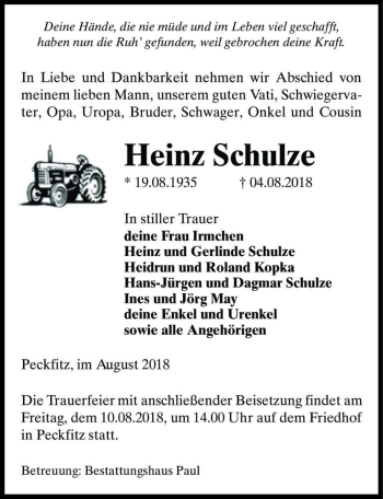 Traueranzeige von Heinz Schulze  von Magdeburger Volksstimme