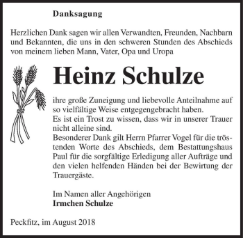 Traueranzeige von Heinz Schulze  von Magdeburger Volksstimme