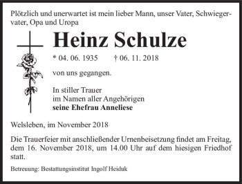 Traueranzeige von Heinz Schulze  von Magdeburger Volksstimme