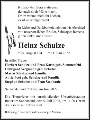 Traueranzeige von Heinz Schulze  von Magdeburger Volksstimme