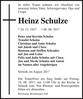 Traueranzeige von Heinz Schulze  von Magdeburger Volksstimme
