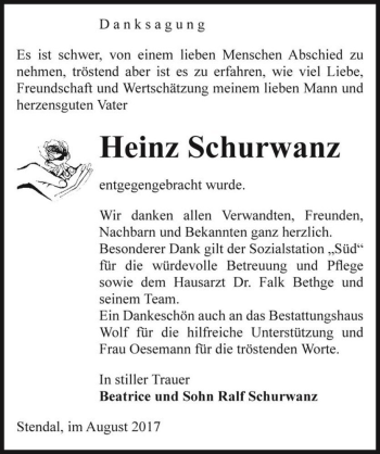 Traueranzeige von Heinz Schurwanz  von Magdeburger Volksstimme