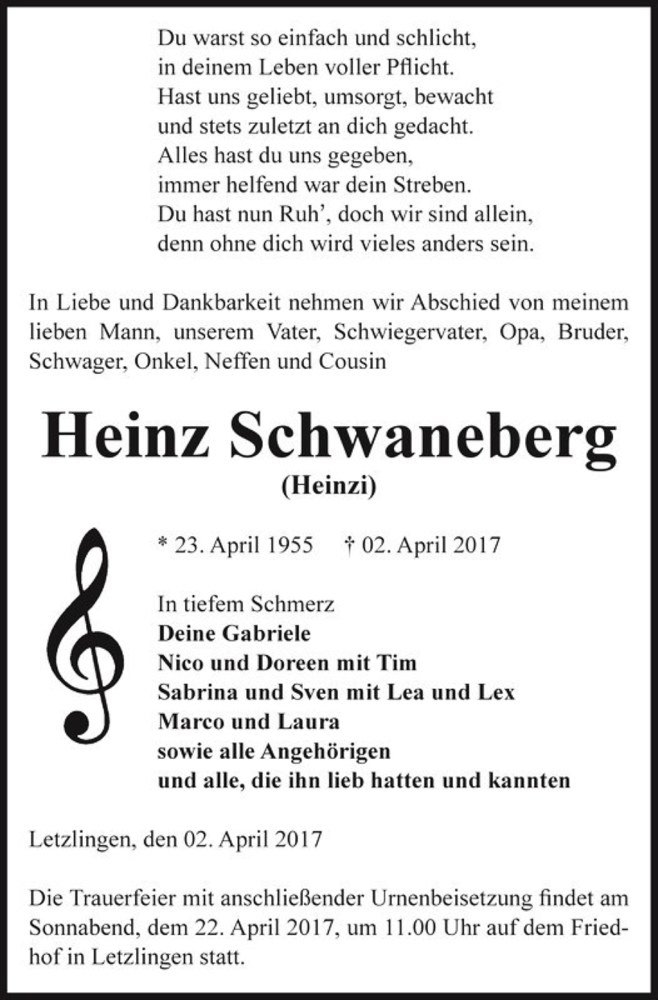  Traueranzeige für Heinz Schwaneberg  vom 15.04.2017 aus Magdeburger Volksstimme