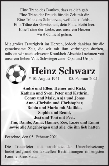 Traueranzeige von Heinz Schwarz  von Magdeburger Volksstimme