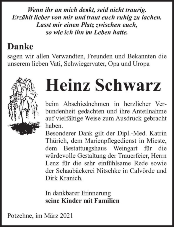 Traueranzeige von Heinz Schwarz  von Magdeburger Volksstimme