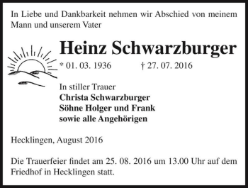 Traueranzeige von Heinz Schwarzburger  von Magdeburger Volksstimme