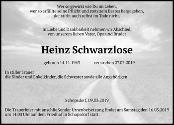 Traueranzeige von Heinz Schwarzlose  von Magdeburger Volksstimme
