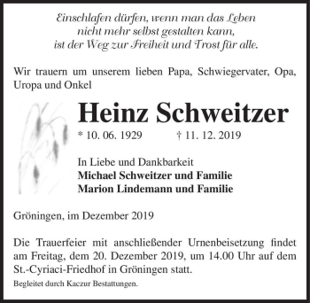 Traueranzeige von Heinz Schweitzer  von Magdeburger Volksstimme
