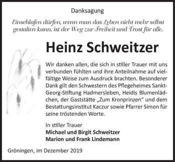 Traueranzeige von Heinz Schweitzer  von Magdeburger Volksstimme