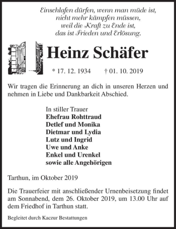 Traueranzeige von Heinz Schäfer  von Magdeburger Volksstimme