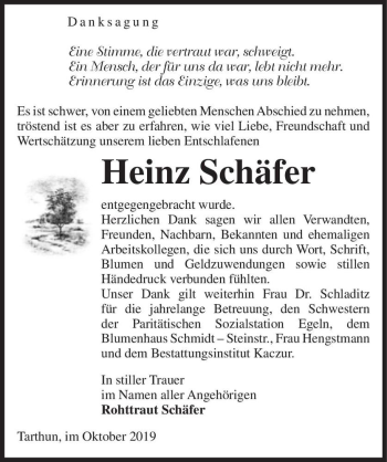 Traueranzeige von Heinz Schäfer  von Magdeburger Volksstimme