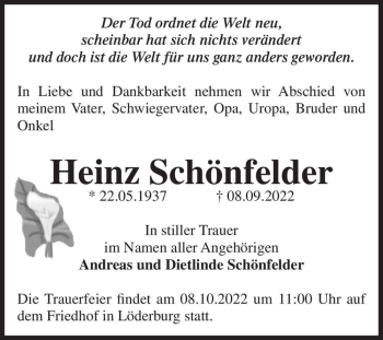 Traueranzeige von Heinz Schönfelder  von Magdeburger Volksstimme
