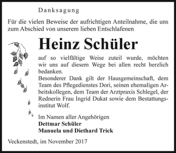 Traueranzeige von Heinz Schüler  von Magdeburger Volksstimme