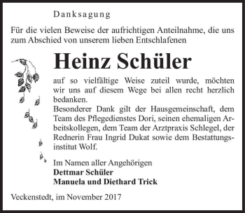 Traueranzeige von Heinz Schüler  von Magdeburger Volksstimme