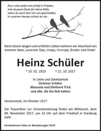 Traueranzeige von Heinz Schüler  von Magdeburger Volksstimme