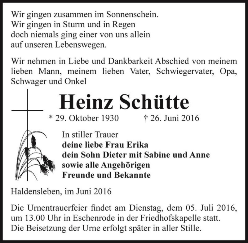  Traueranzeige für Heinz Schütte  vom 29.06.2016 aus Magdeburger Volksstimme