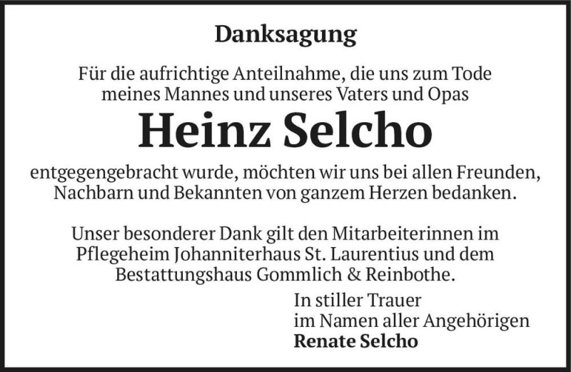  Traueranzeige für Heinz Selcho  vom 06.03.2021 aus Magdeburger Volksstimme