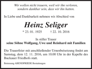 Traueranzeige von Heinz Seliger  von Magdeburger Volksstimme