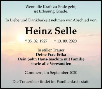Traueranzeige von Heinz Selle  von Magdeburger Volksstimme