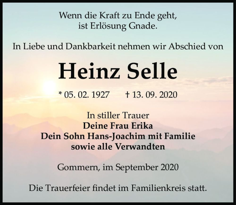 Traueranzeige für Heinz Selle  vom 26.09.2020 aus Magdeburger Volksstimme