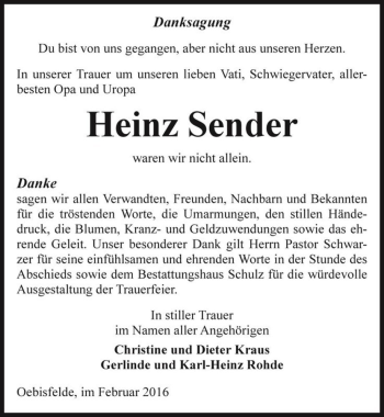 Traueranzeige von Heinz Sender  von Magdeburger Volksstimme