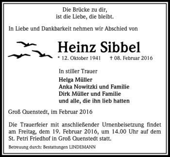 Traueranzeige von Heinz Sibbel  von Magdeburger Volksstimme