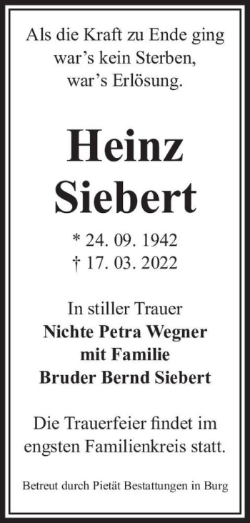 Traueranzeige von Heinz Siebert  von Magdeburger Volksstimme