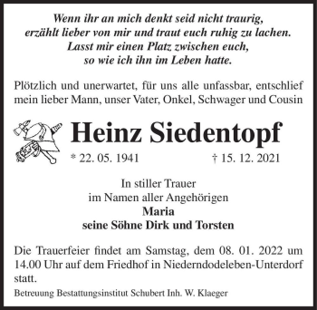 Traueranzeige von Heinz Siedentopf  von Magdeburger Volksstimme