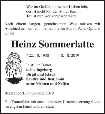 Traueranzeige von Heinz Sommerlatte  von Magdeburger Volksstimme