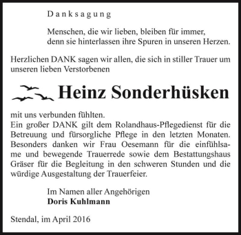 Traueranzeige von Heinz Sonderhüsken  von Magdeburger Volksstimme