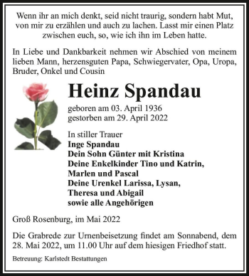 Traueranzeige von Heinz Spandau  von Magdeburger Volksstimme