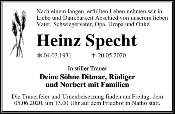 Traueranzeige von Heinz Specht  von Magdeburger Volksstimme
