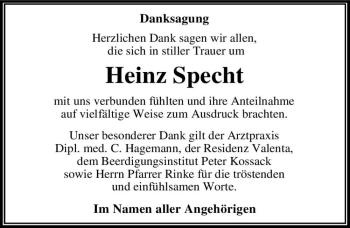 Traueranzeige von Heinz Specht  von Magdeburger Volksstimme
