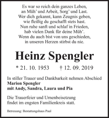 Traueranzeige von Heinz Spengler  von Magdeburger Volksstimme