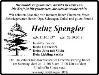 Traueranzeige von Heinz Spengler  von Magdeburger Volksstimme