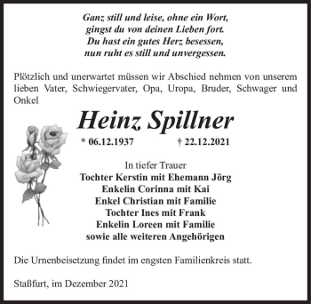 Traueranzeige von Heinz Spillner  von Magdeburger Volksstimme