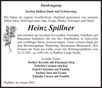 Traueranzeige von Heinz Spillner  von Magdeburger Volksstimme