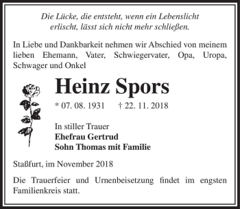 Traueranzeige von Heinz Spors  von Magdeburger Volksstimme
