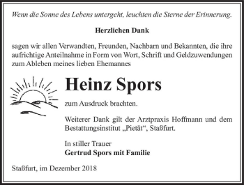 Traueranzeige von Heinz Spors  von Magdeburger Volksstimme