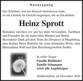 Traueranzeige von Heinz Sprott  von Magdeburger Volksstimme