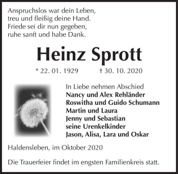 Traueranzeige von Heinz Sprott  von Magdeburger Volksstimme