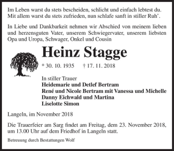 Traueranzeige von Heinz Stagge  von Magdeburger Volksstimme