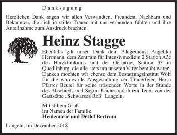 Traueranzeige von Heinz Stagge  von Magdeburger Volksstimme